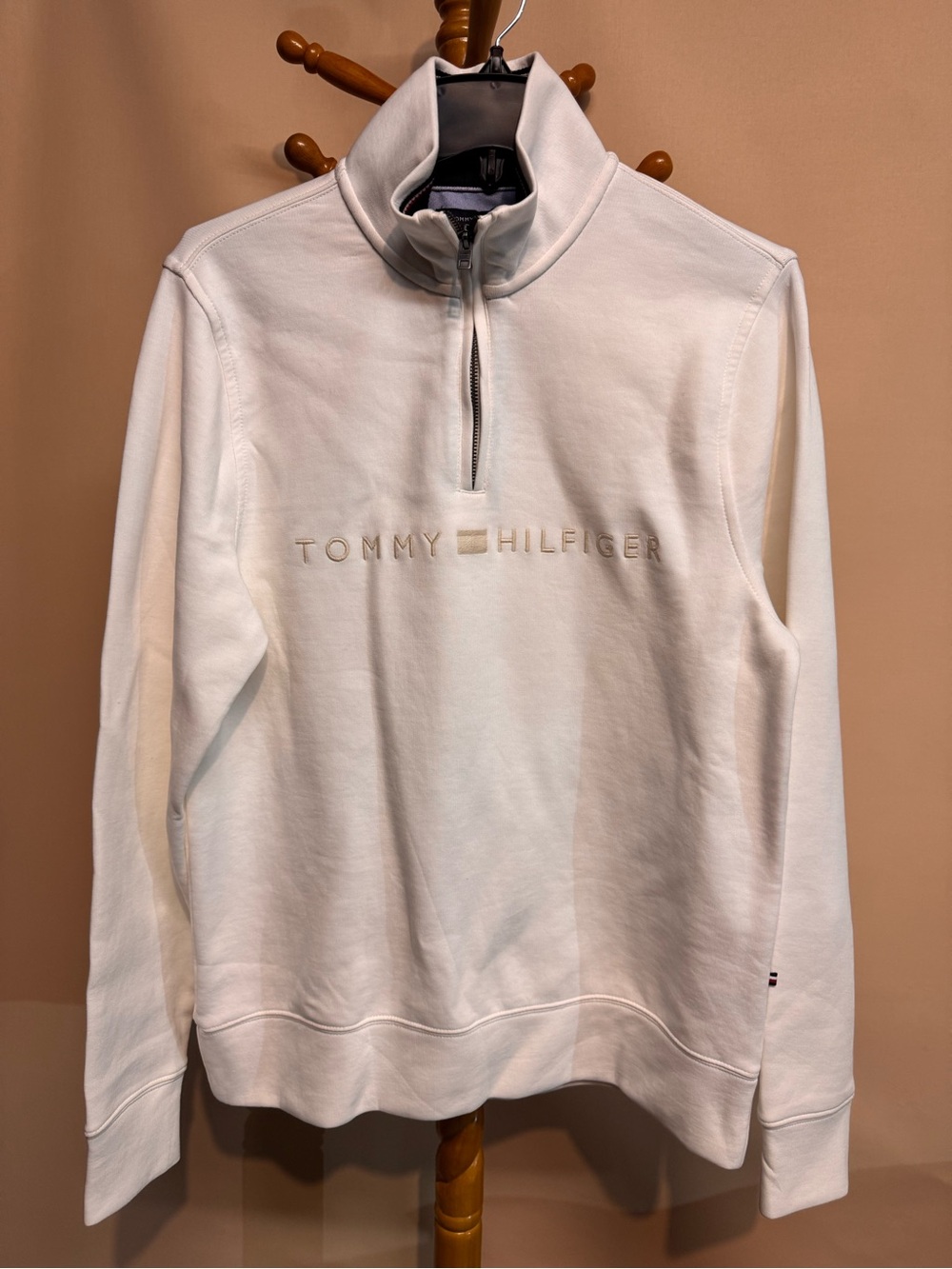 Tommy Hilfiger Men's Cream Half-Zip Pullover with Embroidered Logo